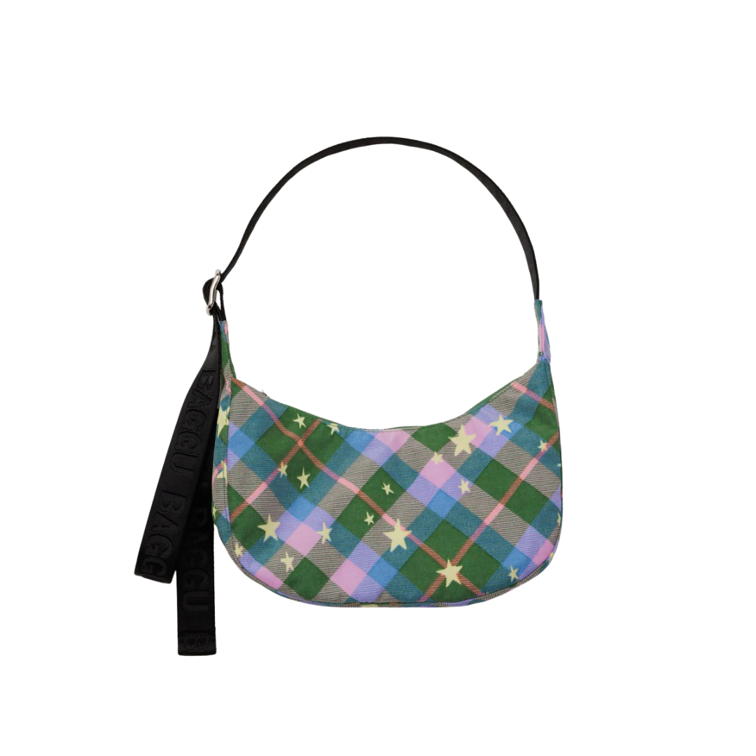 Small Nylon Crescent Bag - Green Star Plaid